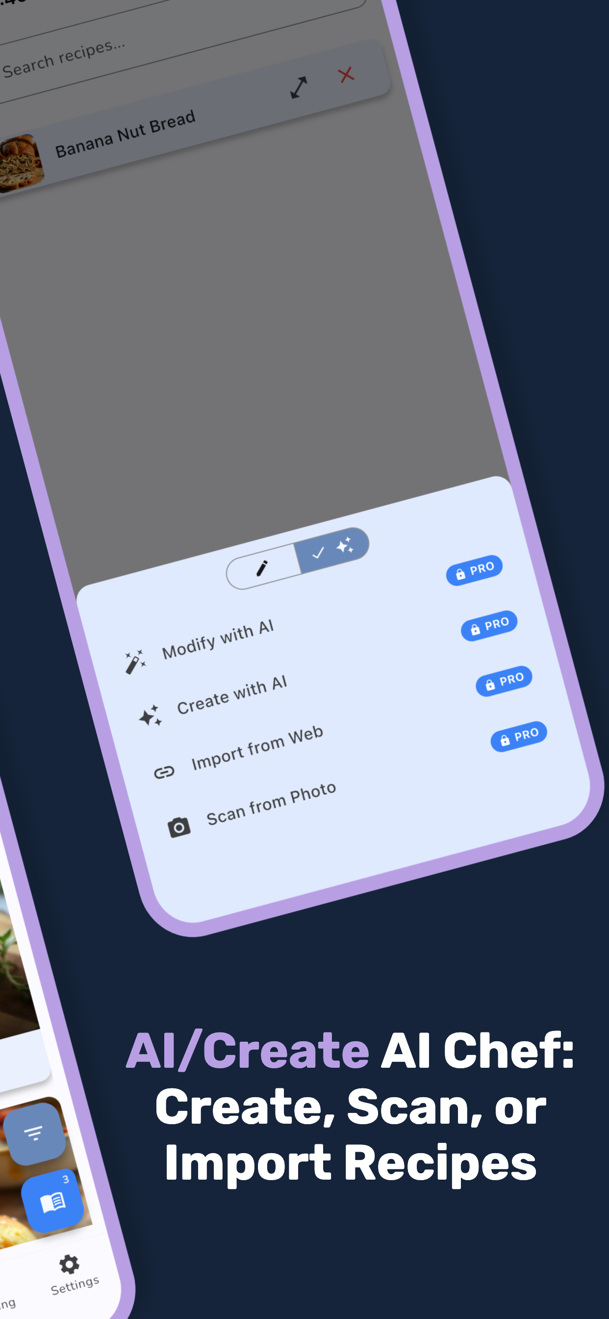 AI recipe creation — scan, create, or import