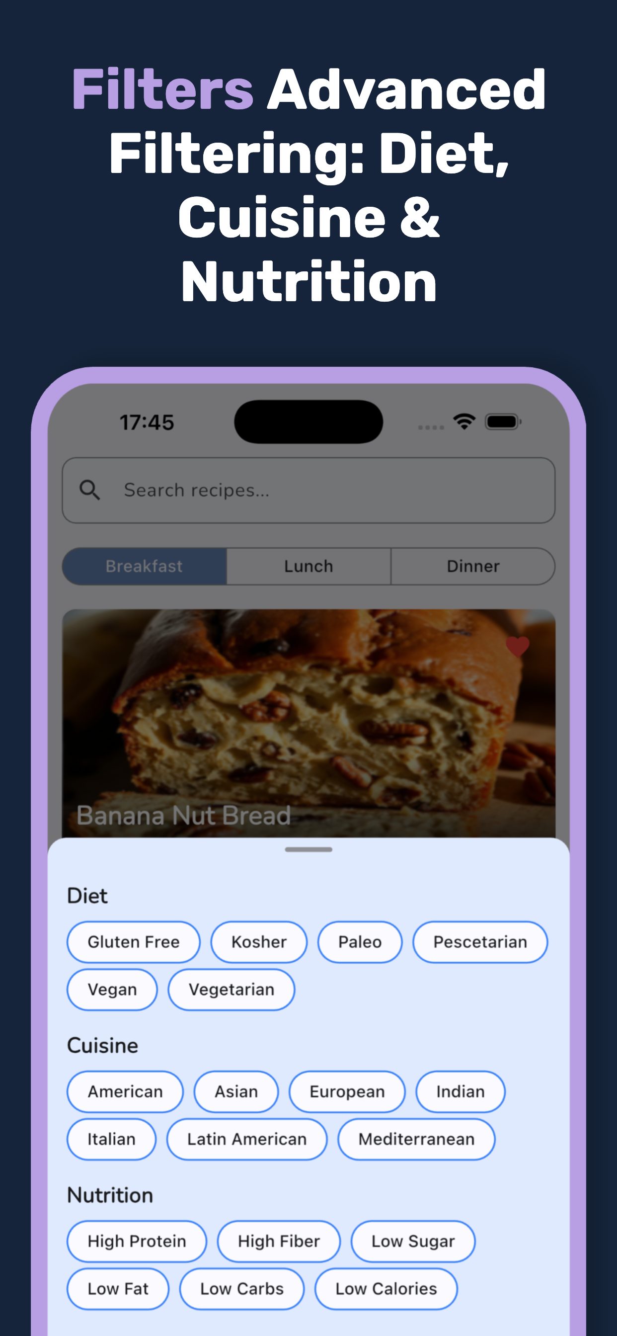 Advanced filtering by diet, cuisine, and nutrition