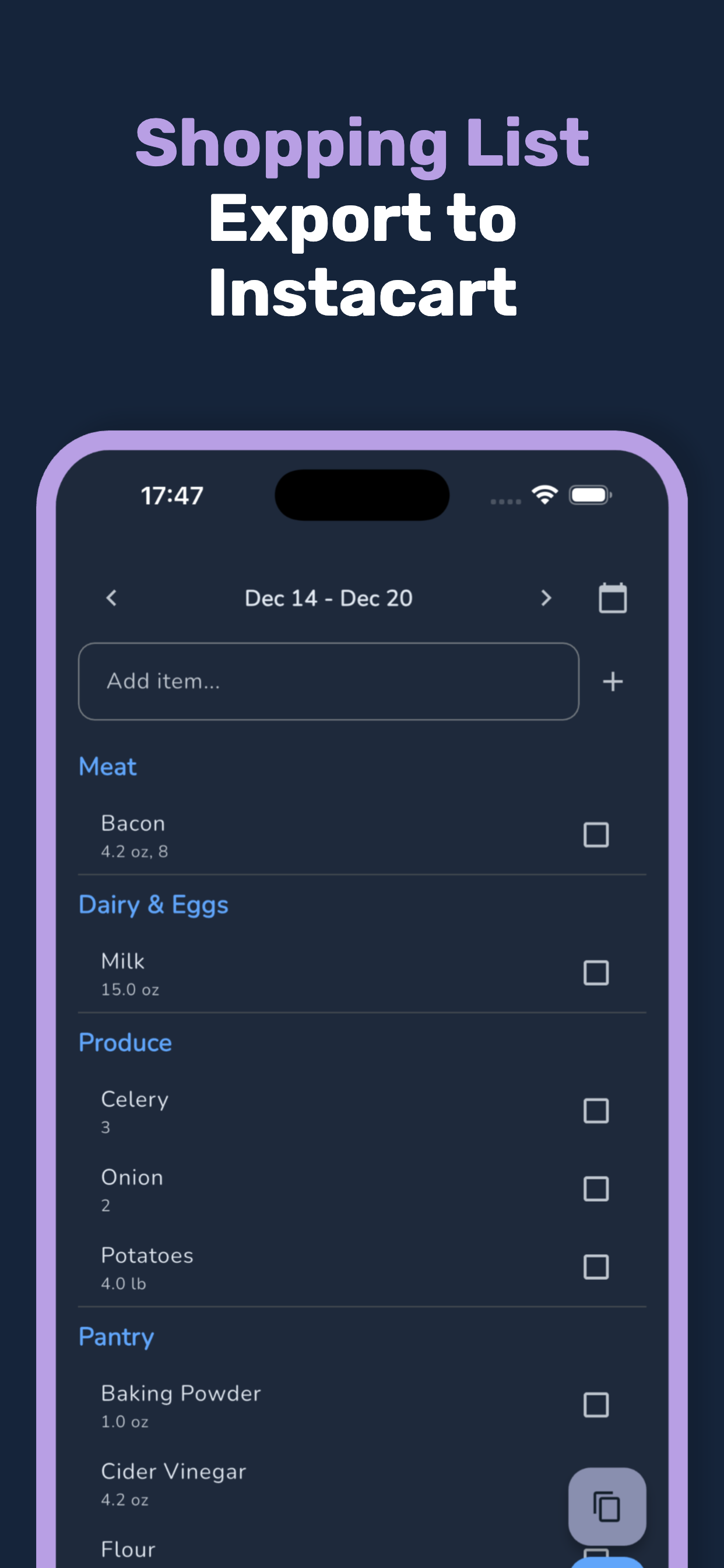 Shopping list export to Instacart